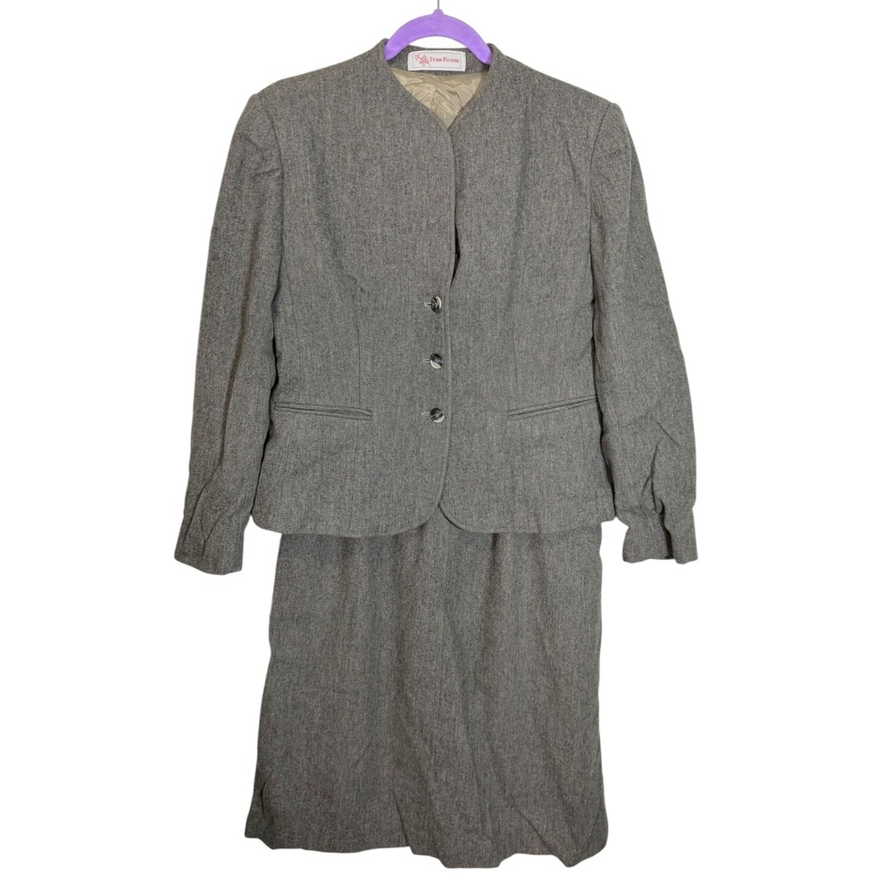 Evan-Picone 8 Gray Skirt Suit Wool Blend Blazer Pencil Skirt Dark Academia Mod
